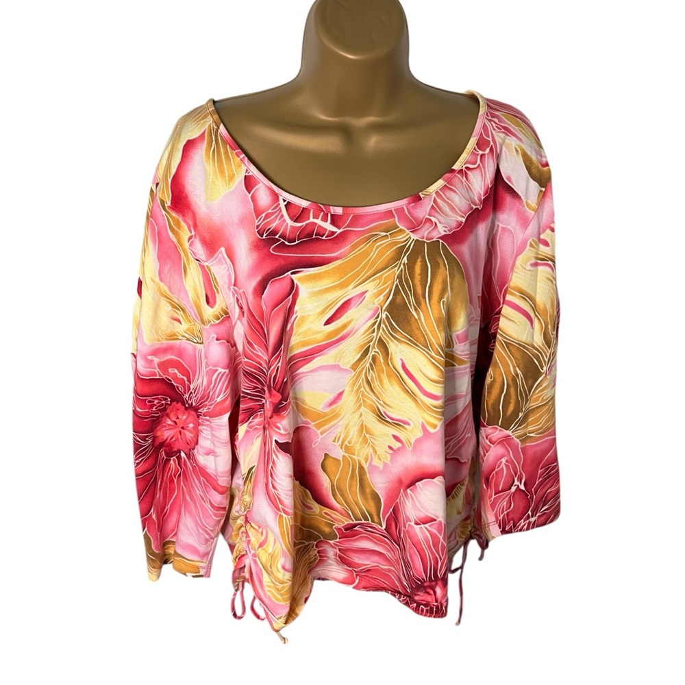Y2K Jamaica Bay Floral Scoop Neck Top Ruched Sides Pink 1X